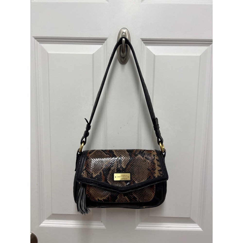 Brahmin Black Leather Snakeskin Embossed Shoulder Bag Tassel Gold Logo Flap